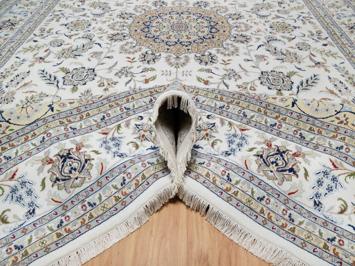 11'9" x 18'1" New Hand Knotted Ivory Wool & Silk Rectangle Oriental Rug - MOA10291127