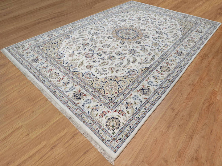 9'8" x 14'4" New Hand Knotted Ivory Wool & Silk Rectangle Oriental Rug - MOA10291129