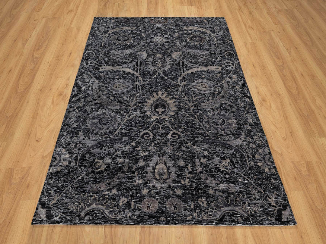 4'10" x 6'11" New Hand Knotted Black Wool & Silk Rectangle Oriental Rug - MOA10291135