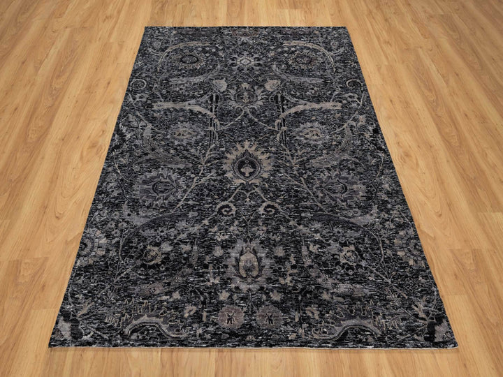 4'10" x 6'11" New Hand Knotted Black Wool & Silk Rectangle Oriental Rug - MOA10291135