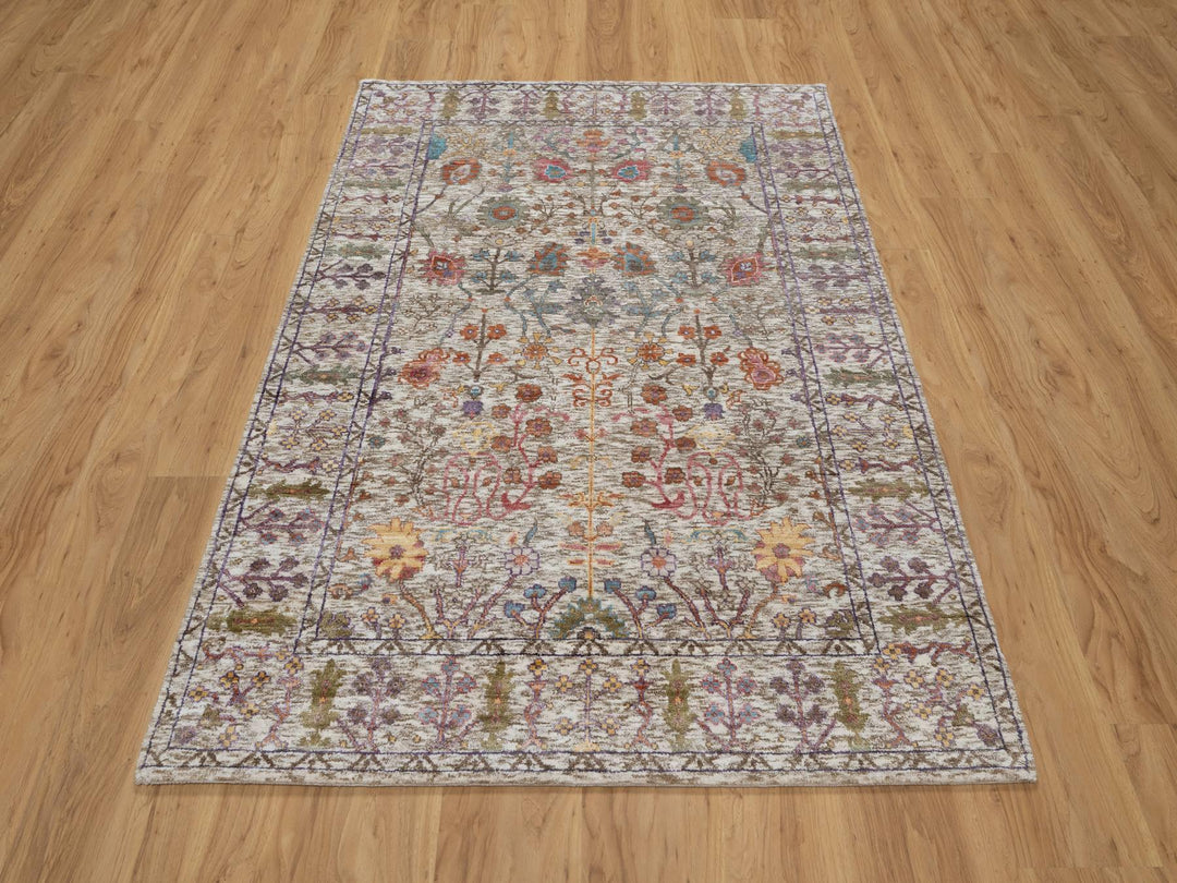 4'0" x 6'1" New Hand Knotted Ivory Wool & Silk Rectangle Oriental Rug - MOA10291138