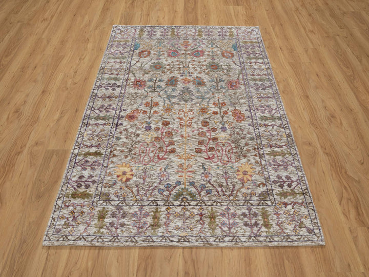 4'0" x 6'1" New Hand Knotted Ivory Wool & Silk Rectangle Oriental Rug - MOA10291138