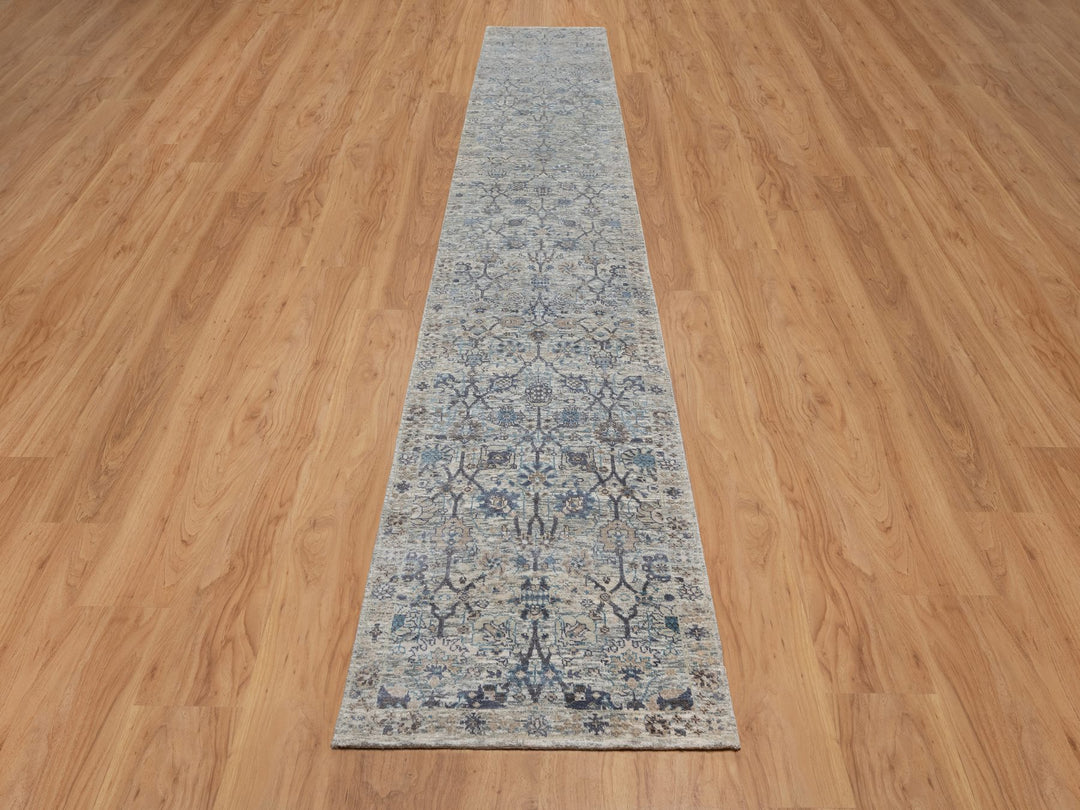 2'7" x 15'9" New Hand Knotted Ivory Wool & Silk Runner Oriental Rug - MOA10291158