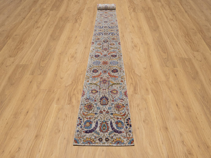 2'5" x 26'0" New Hand Knotted Ivory Wool & Silk Runner Oriental Rug - MOA10291159