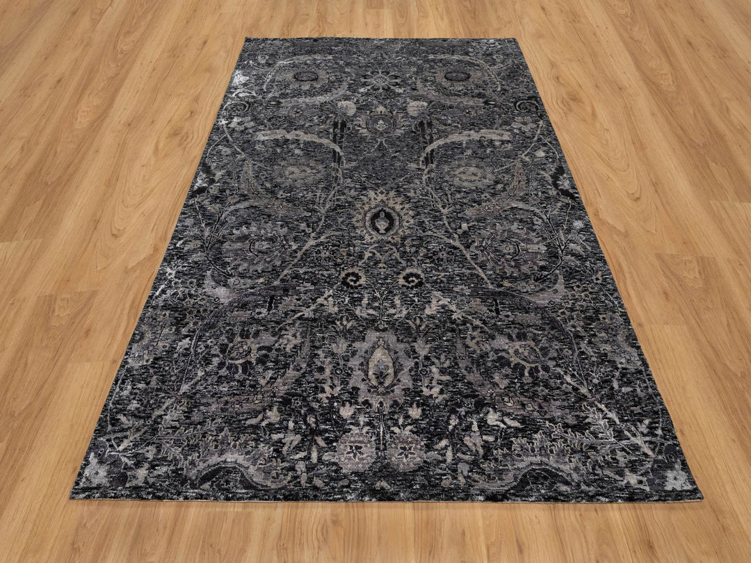 6'0" x 8'10" New Hand Knotted Black Wool & Silk Rectangle Oriental Rug - MOA10291161