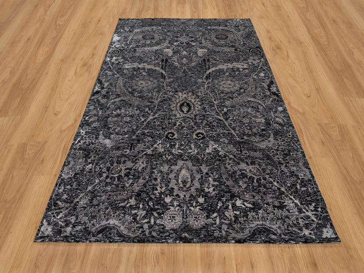 6'0" x 8'10" New Hand Knotted Black Wool & Silk Rectangle Oriental Rug - MOA10291161