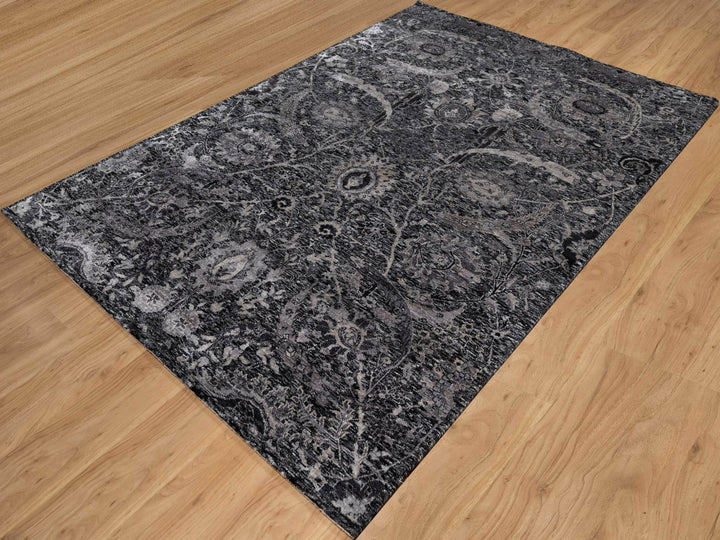 6'0" x 8'10" New Hand Knotted Black Wool & Silk Rectangle Oriental Rug - MOA10291161