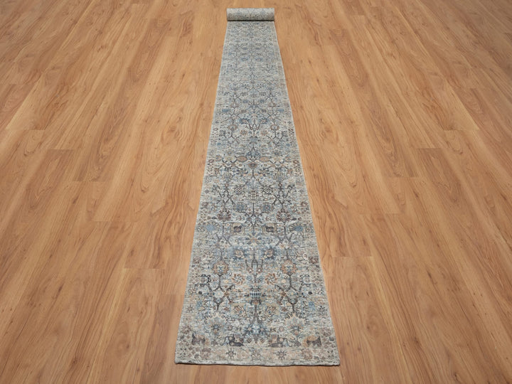 2'7" x 25'9" New Hand Knotted Ivory Wool & Silk Runner Oriental Rug - MOA10291162