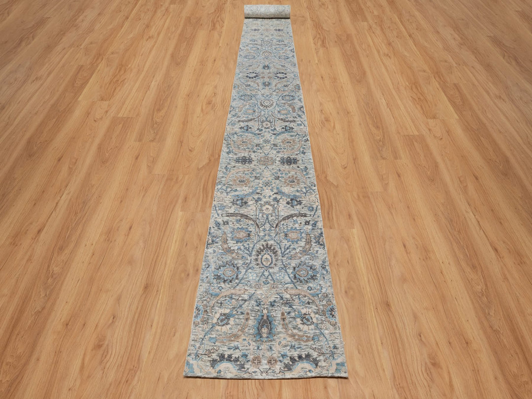 2'6" x 27'9" New Hand Knotted Ivory Wool & Silk Runner Oriental Rug - MOA10291163
