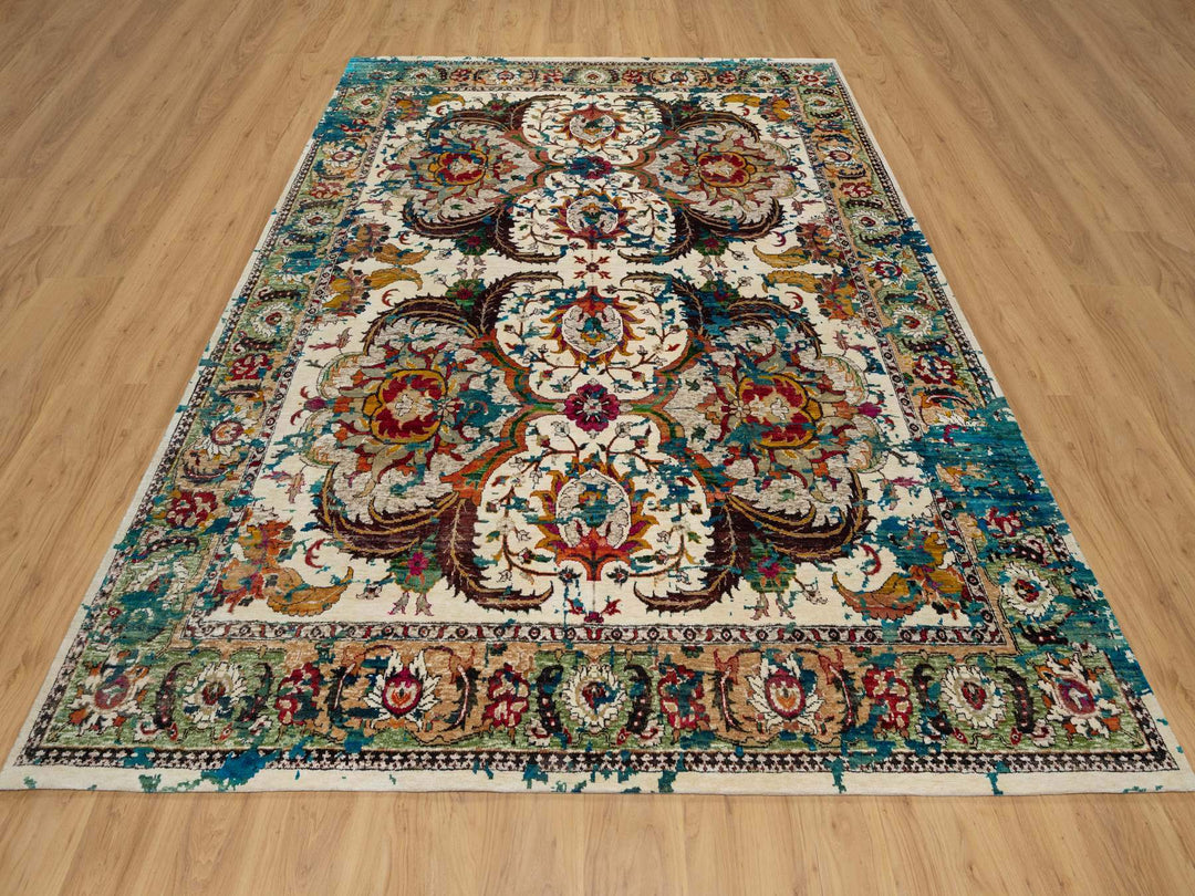 8'1" x 10'1" New Hand Knotted Ivory Wool & Silk Rectangle Oriental Rug - MOA10291164