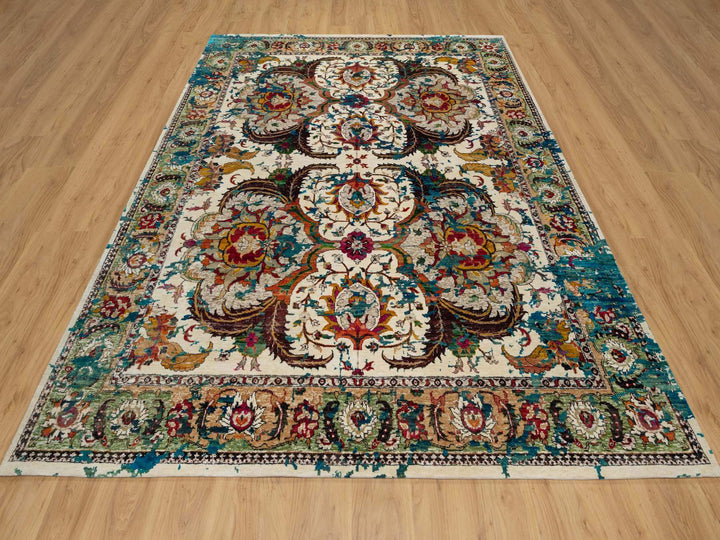 8'1" x 10'1" New Hand Knotted Ivory Wool & Silk Rectangle Oriental Rug - MOA10291164