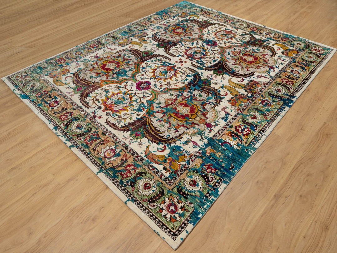 8'1" x 10'1" New Hand Knotted Ivory Wool & Silk Rectangle Oriental Rug - MOA10291164
