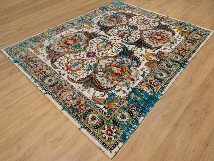 8'1" x 10'1" New Hand Knotted Ivory Wool & Silk Rectangle Oriental Rug - MOA10291164