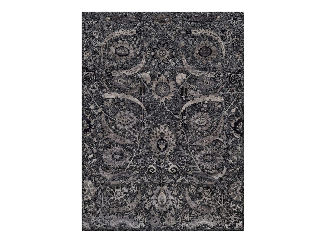 8'8" x 11'10" New Hand Knotted Black Wool & Silk Rectangle Oriental Rug - MOA10291167