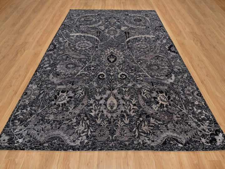 8'8" x 11'10" New Hand Knotted Black Wool & Silk Rectangle Oriental Rug - MOA10291167
