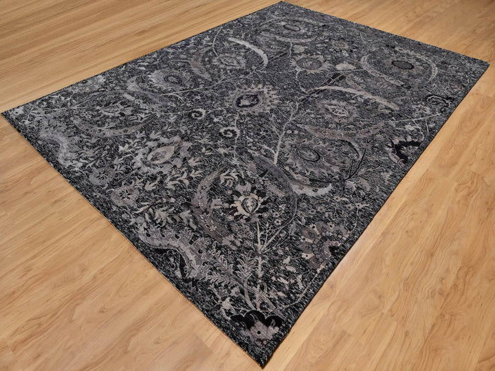 8'8" x 11'10" New Hand Knotted Black Wool & Silk Rectangle Oriental Rug - MOA10291167