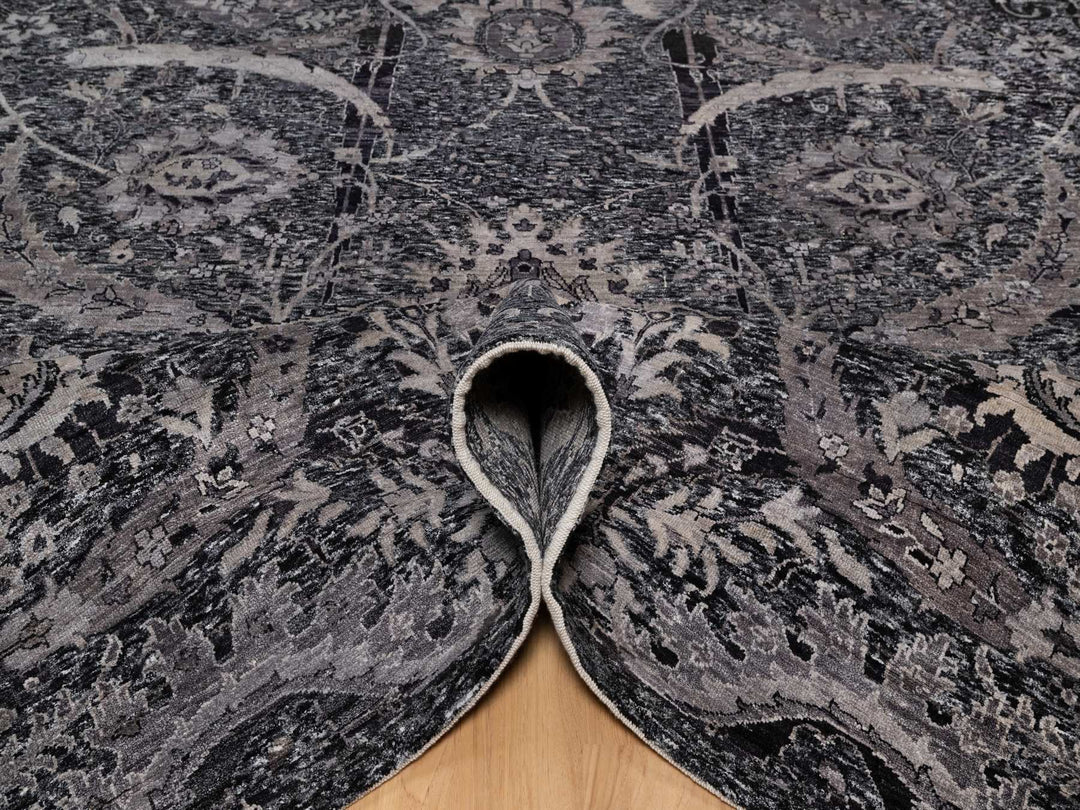 8'8" x 11'10" New Hand Knotted Black Wool & Silk Rectangle Oriental Rug - MOA10291167