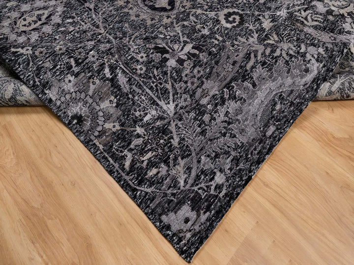 8'8" x 11'10" New Hand Knotted Black Wool & Silk Rectangle Oriental Rug - MOA10291167