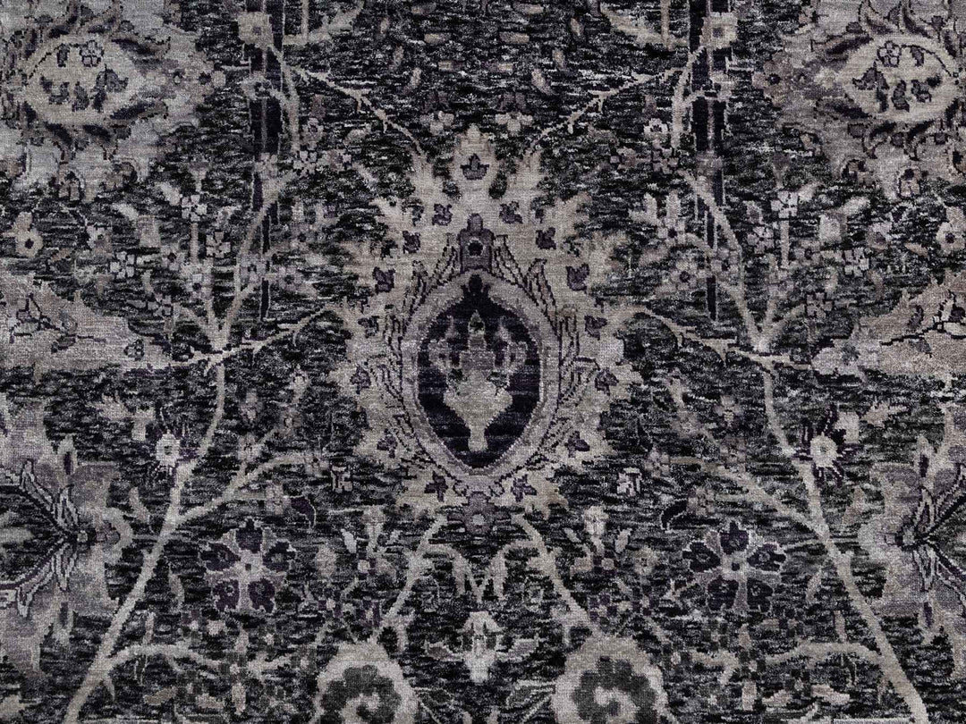 8'8" x 11'10" New Hand Knotted Black Wool & Silk Rectangle Oriental Rug - MOA10291167