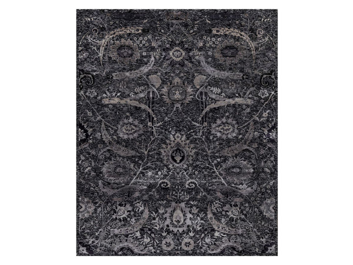 8'1" x 9'11" New Hand Knotted Black Wool & Silk Rectangle Oriental Rug - MOA10291169