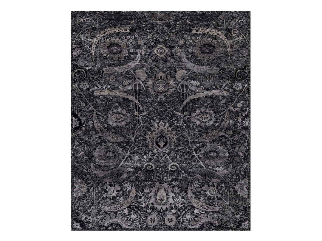 7'11" x 9'11" New Hand Knotted Black Wool & Silk Rectangle Oriental Rug - MOA10291170