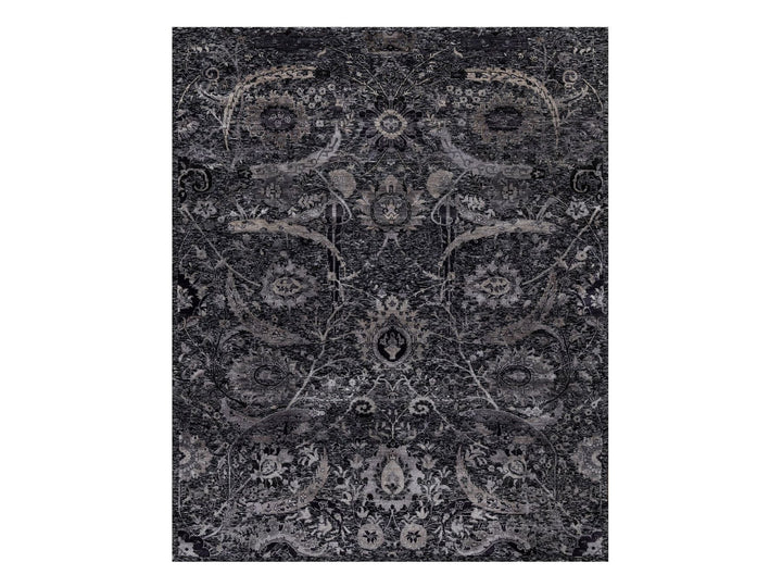 7'11" x 9'11" New Hand Knotted Black Wool & Silk Rectangle Oriental Rug - MOA10291170