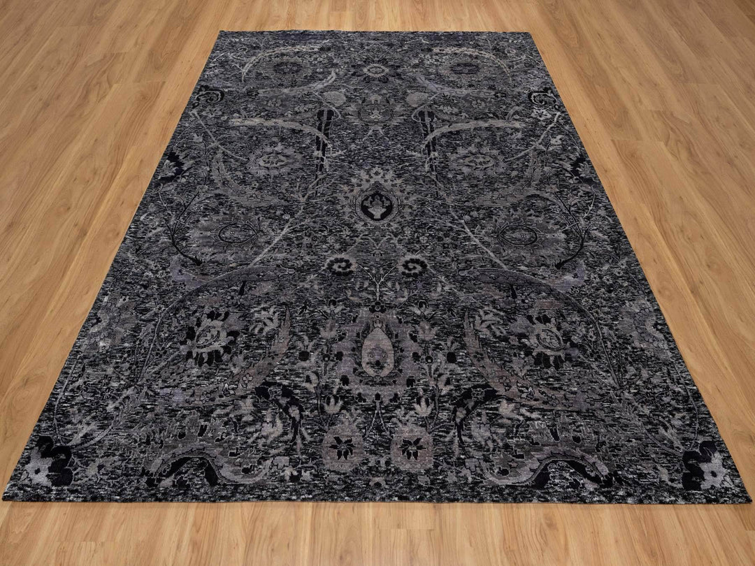 7'11" x 9'11" New Hand Knotted Black Wool & Silk Rectangle Oriental Rug - MOA10291170