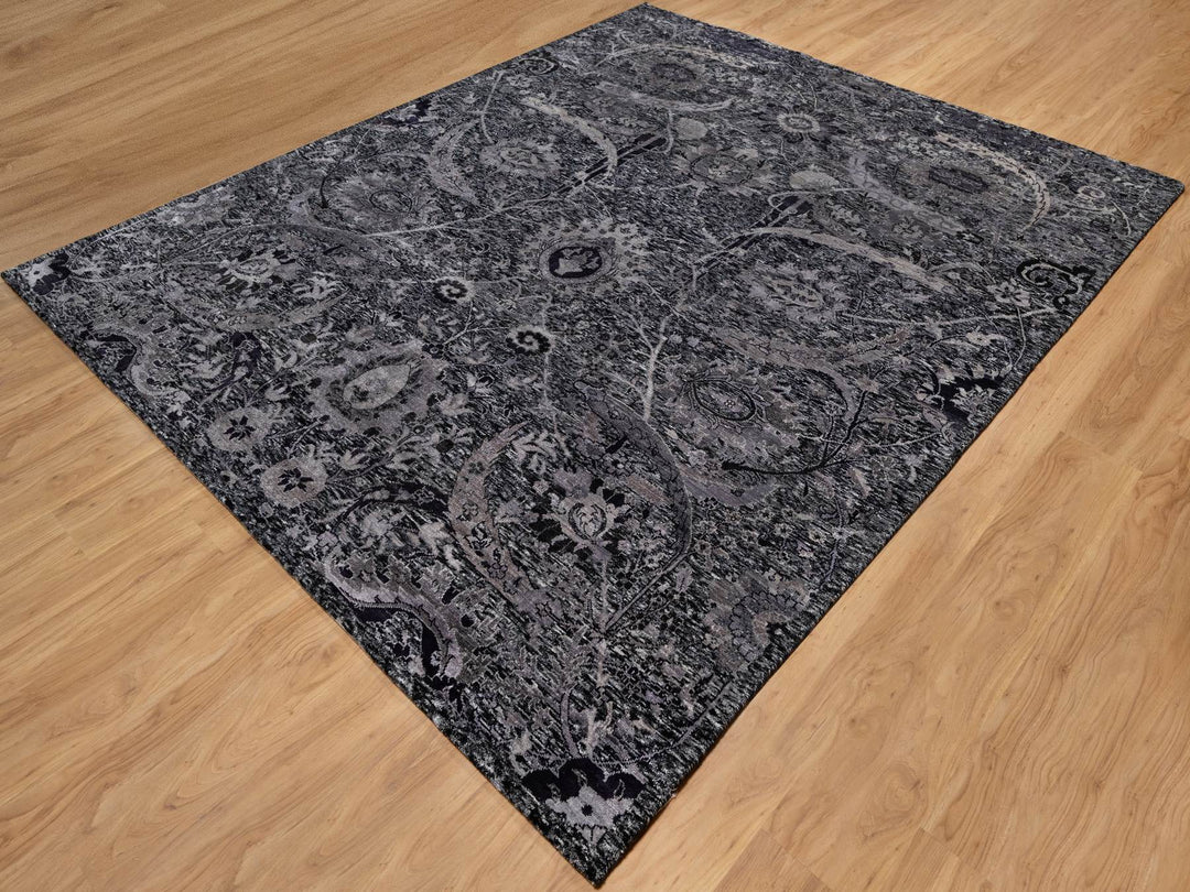 7'11" x 9'11" New Hand Knotted Black Wool & Silk Rectangle Oriental Rug - MOA10291170