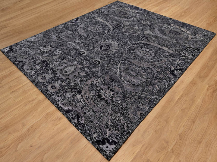 7'11" x 9'11" New Hand Knotted Black Wool & Silk Rectangle Oriental Rug - MOA10291170