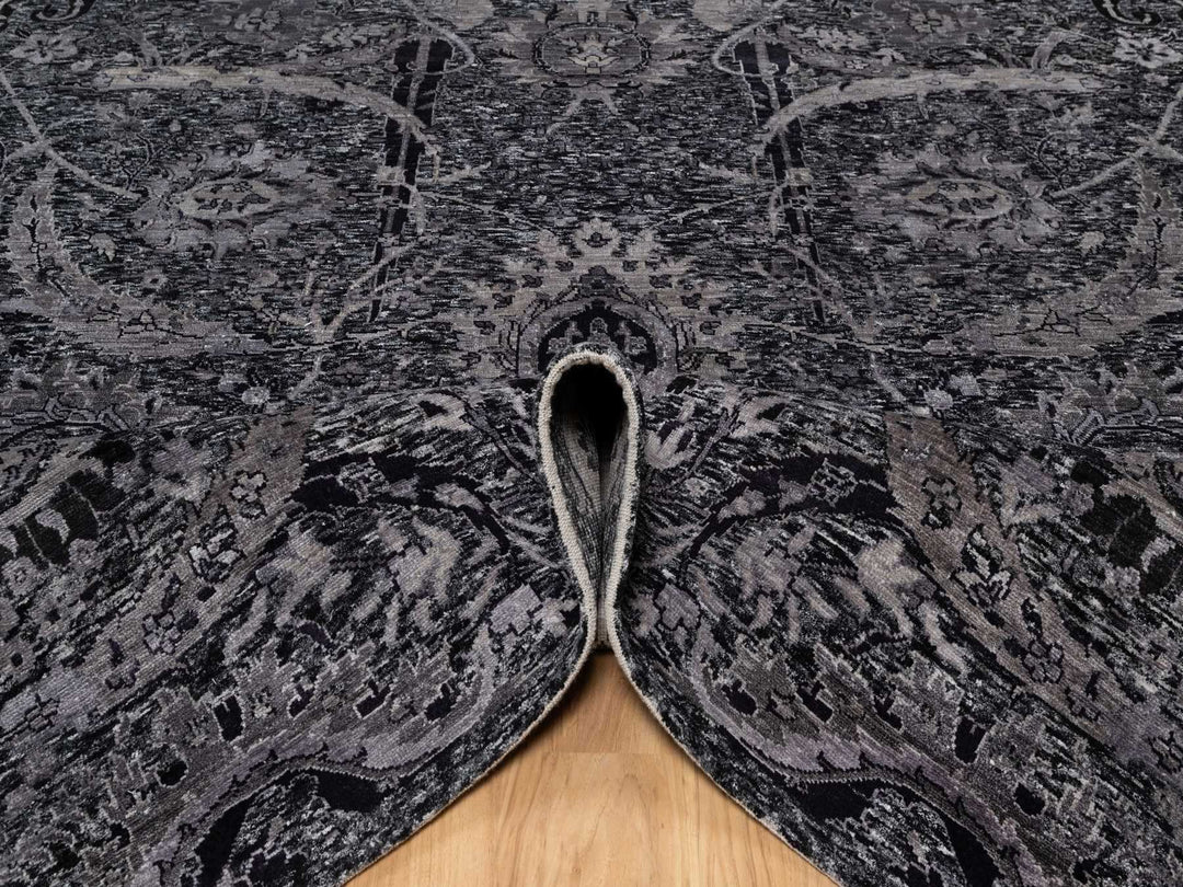 7'11" x 9'11" New Hand Knotted Black Wool & Silk Rectangle Oriental Rug - MOA10291170