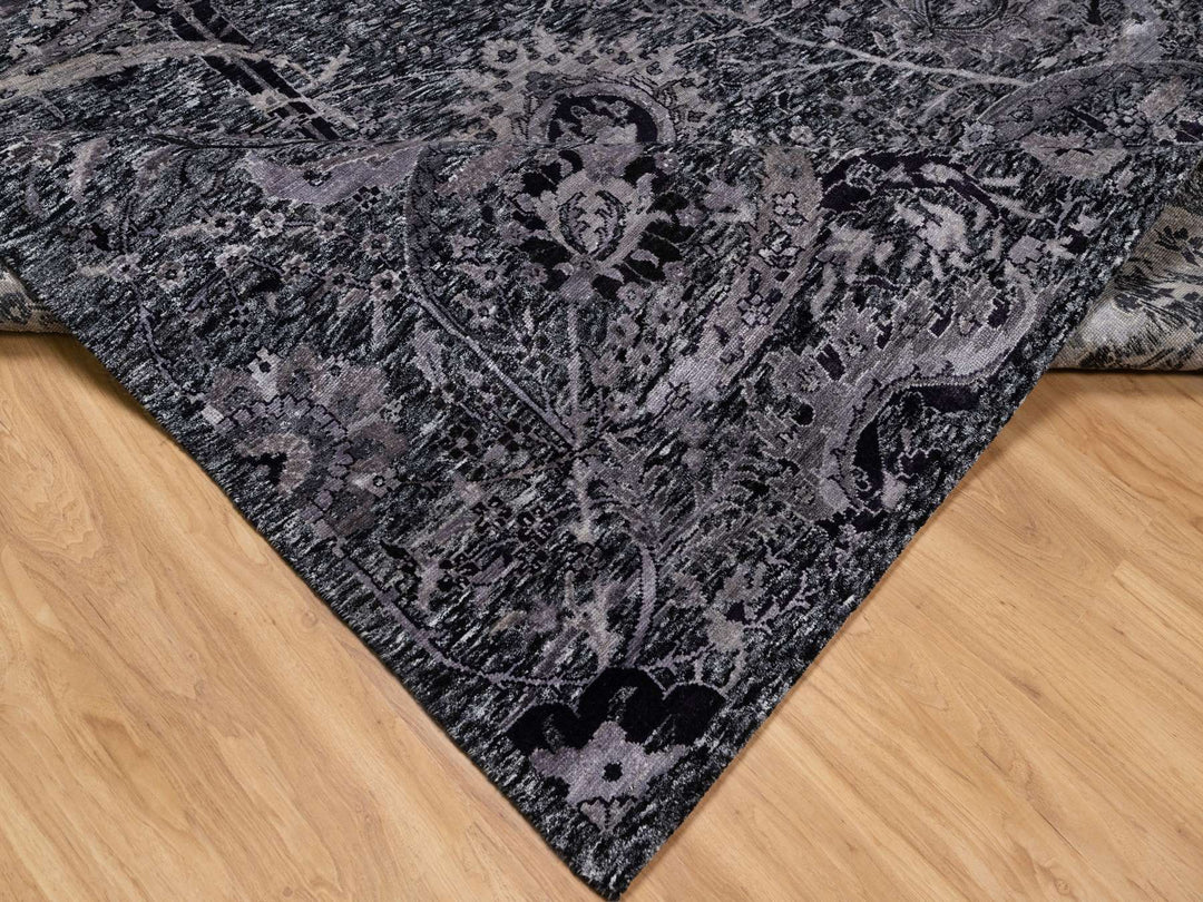 7'11" x 9'11" New Hand Knotted Black Wool & Silk Rectangle Oriental Rug - MOA10291170