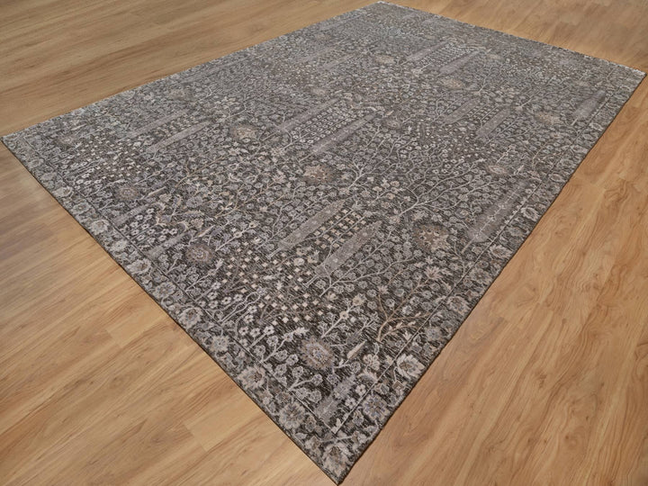 9'9" x 14'2" New Hand Knotted Grey Wool & Silk Rectangle Oriental Rug - MOA10291171