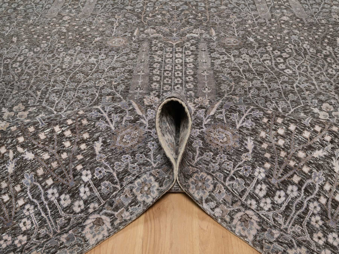 9'9" x 14'2" New Hand Knotted Brown Wool & Silk Rectangle Oriental Rug - MOA10291171