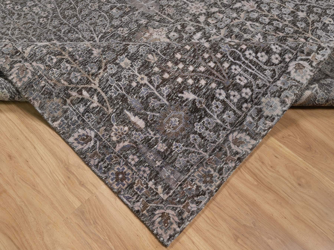 9'9" x 14'2" New Hand Knotted Grey Wool & Silk Rectangle Oriental Rug - MOA10291171