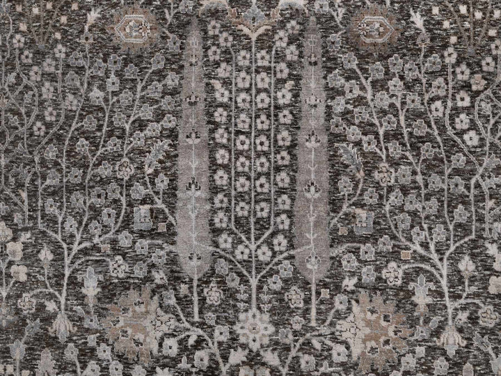 9'9" x 14'2" New Hand Knotted Grey Wool & Silk Rectangle Oriental Rug - MOA10291171