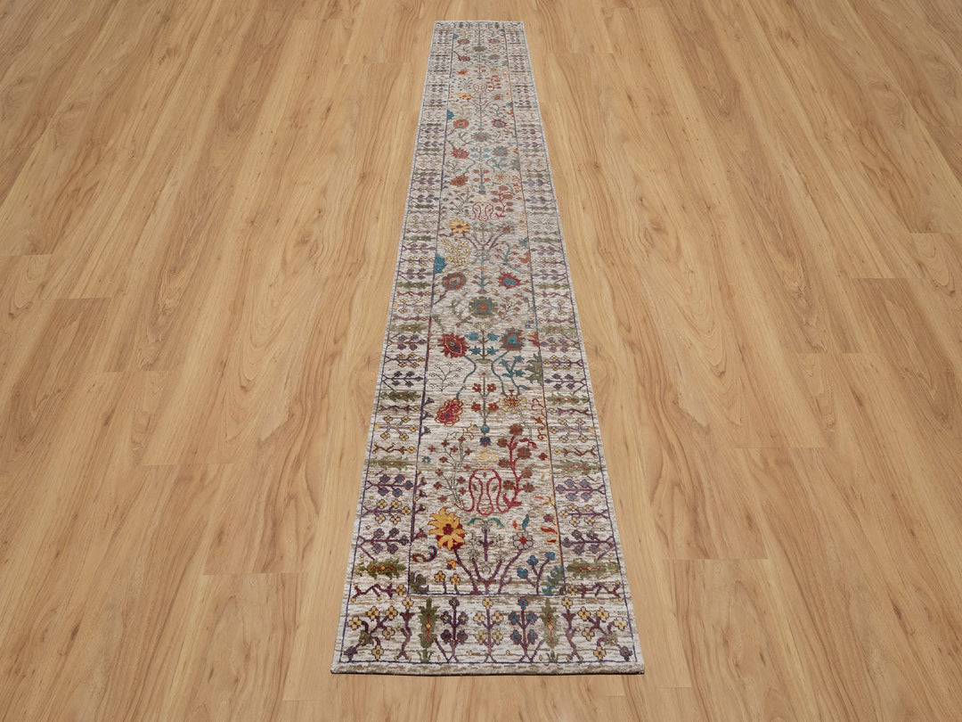 2'8" x 16'2" New Hand Knotted Ivory Wool & Silk Runner Oriental Rug - MOA10291176