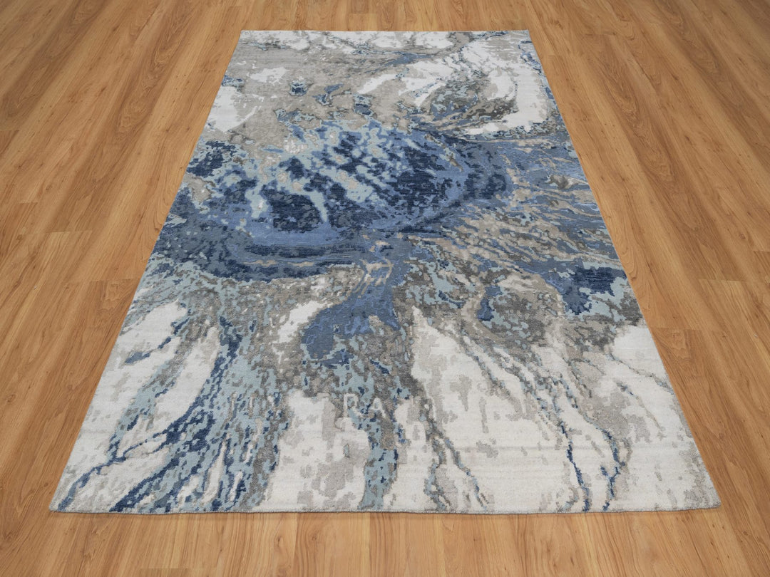 6'1" x 9'1" New Hand Knotted Blue Wool & Silk Rectangle Oriental Rug - MOA10291212