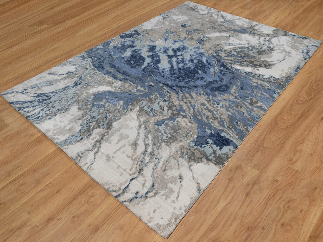 6'1" x 9'1" New Hand Knotted Blue Wool & Silk Rectangle Oriental Rug - MOA10291212