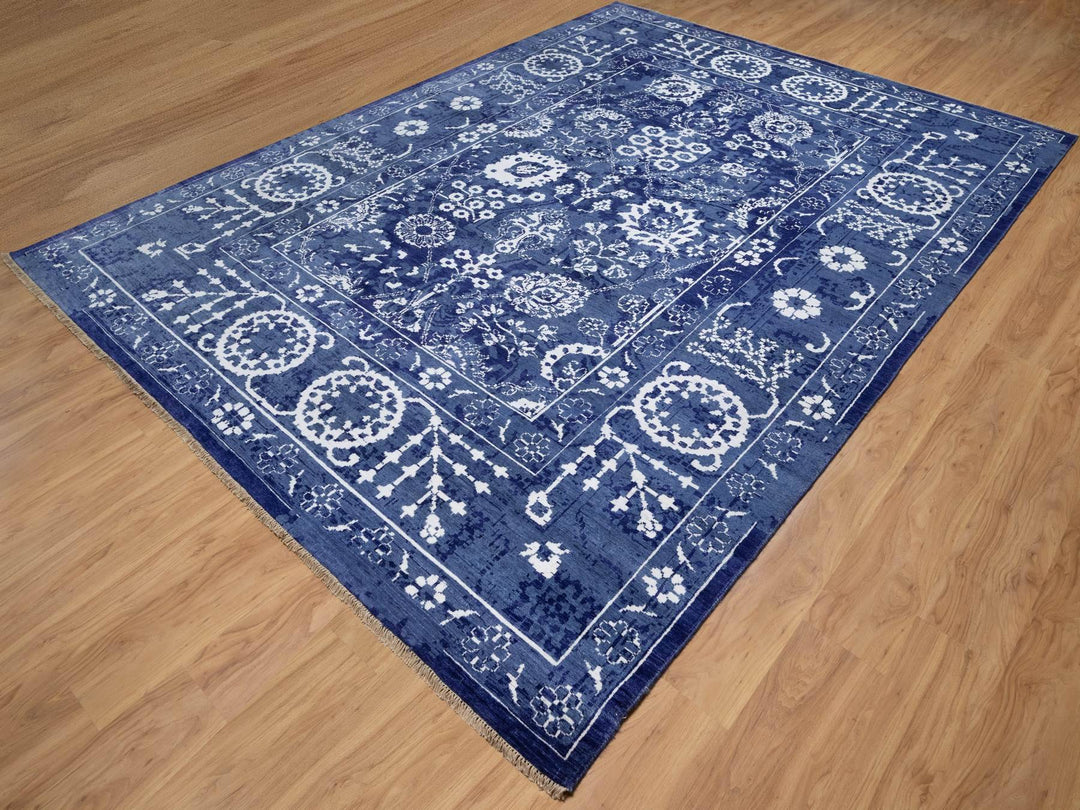 8'11" x 12'3" New Hand Knotted Blue Wool & Silk Rectangle Oriental Rug - MOA10291213
