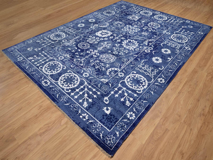 8'11" x 12'3" New Hand Knotted Blue Wool & Silk Rectangle Oriental Rug - MOA10291213