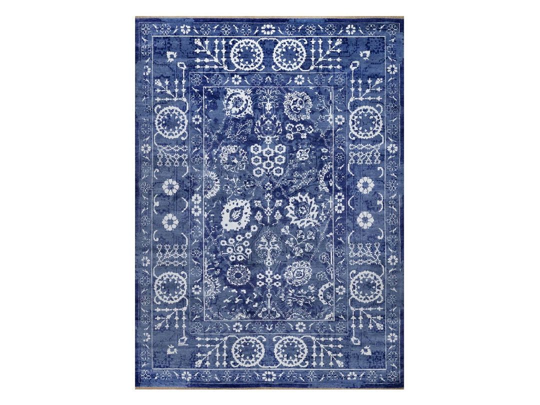 9'0" x 12'0" New Hand Knotted Blue Wool & Silk Rectangle Oriental Rug - MOA10291222