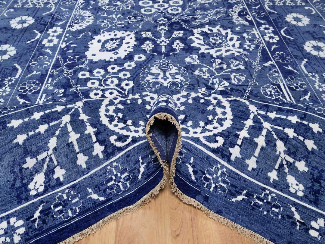 9'0" x 12'0" New Hand Knotted Blue Wool & Silk Rectangle Oriental Rug - MOA10291222