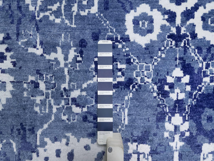 9'0" x 12'0" New Hand Knotted Blue Wool & Silk Rectangle Oriental Rug - MOA10291222