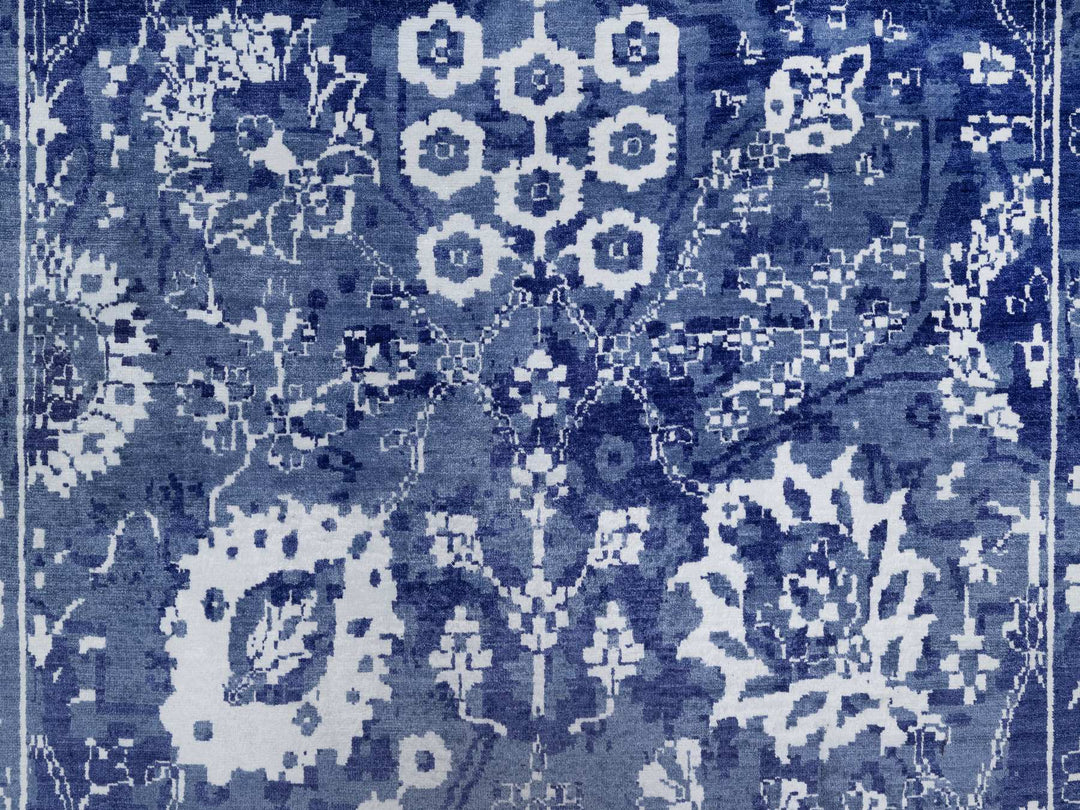 9'0" x 12'0" New Hand Knotted Blue Wool & Silk Rectangle Oriental Rug - MOA10291222