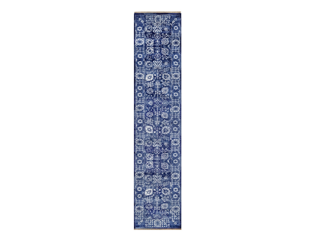 2'7" x 11'10" New Hand Knotted Blue Wool & Silk Runner Oriental Rug - MOA10291223