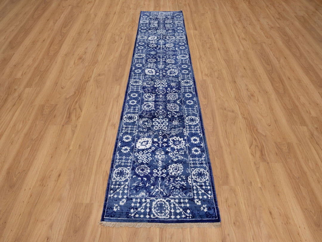 2'7" x 11'10" New Hand Knotted Blue Wool & Silk Runner Oriental Rug - MOA10291223
