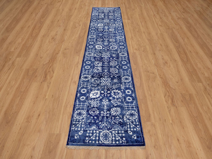2'7" x 11'10" New Hand Knotted Blue Wool & Silk Runner Oriental Rug - MOA10291223