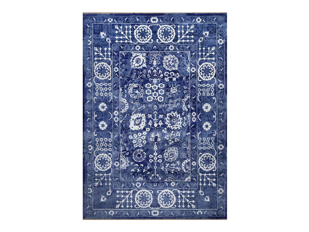 9'10" x 14'0" New Hand Knotted Blue Wool & Silk Rectangle Oriental Rug - MOA10291227