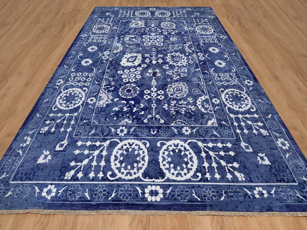 9'10" x 14'0" New Hand Knotted Blue Wool & Silk Rectangle Oriental Rug - MOA10291227