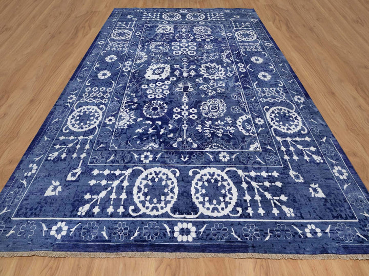 9'10" x 14'0" New Hand Knotted Blue Wool & Silk Rectangle Oriental Rug - MOA10291227